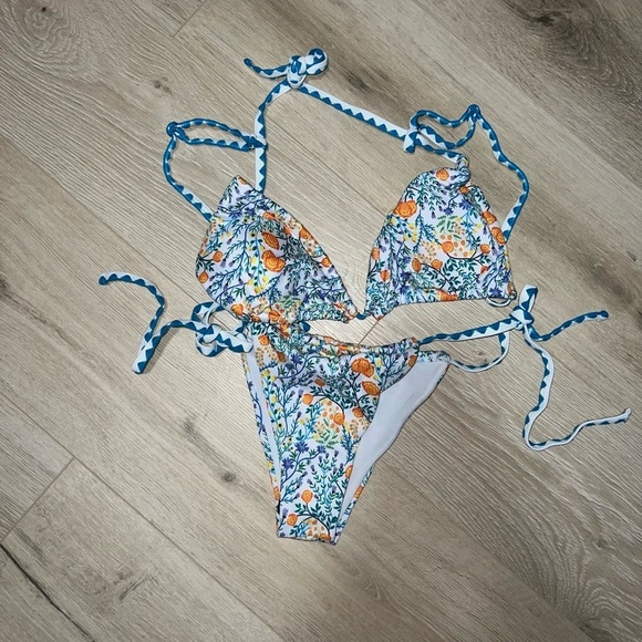 NWT SHEIN blue white and orange 2 piece bikini small - Picture 2 of 6